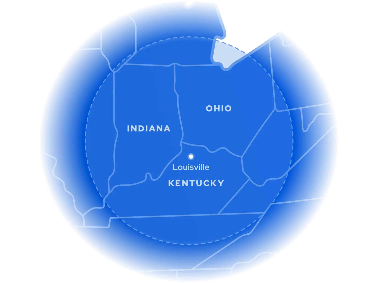 Map centered on Louisville showing the service region across Kentucky, Indiana, and Ohio